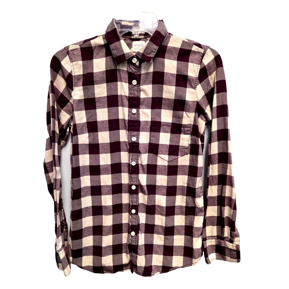 J.Crew Perfect Fit Gingham Check Button Down Shirt XS 100% Cotton Burgandy Tan